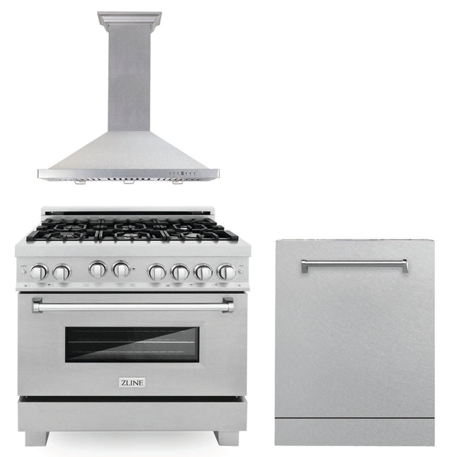 ZLINE 36 in. Kitchen Package with Satin Stainless Steel Gas Range, Ducted Range Hood and Dishwasher (3KP-RGSRH36-DW) Zline Appliances