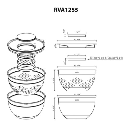 Ruvati 5 quart mixing bowl and colander set with grater attachments (6 piece set) - RVA1255 Ruvati