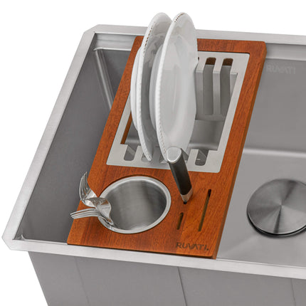 Ruvati Wood Dish Plate and Silverware Caddy Drying Rack for Workstation Sinks - RVA1542 Ruvati