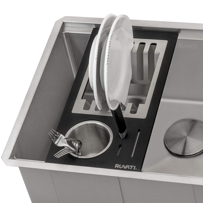 Ruvati Black Composite Dish Plate and Silverware Caddy Drying Rack for Workstation Sinks - RVA1542BWC Ruvati