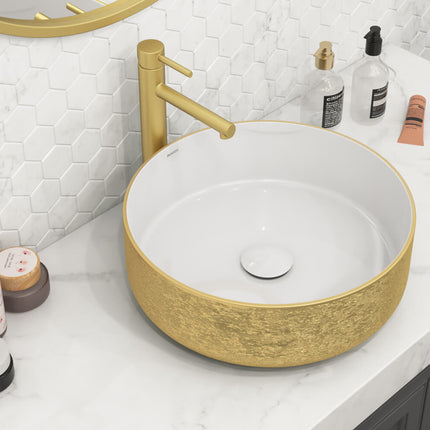 Ruvati 14 inch Bathroom Vessel Sink Round Gold Decorative Art Above Vanity Counter White Ceramic - RVB0314WG Ruvati
