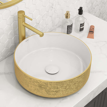 Ruvati 14 inch Bathroom Vessel Sink Round Gold Decorative Art Above Vanity Counter White Ceramic - RVB0314WG Ruvati