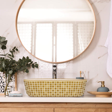 Ruvati 15 x 15 inch Bathroom Vessel Sink Gold Decorative Pattern Above Vanity Counter White Porcelain Ceramic - RVB1515WG4 Ruvati