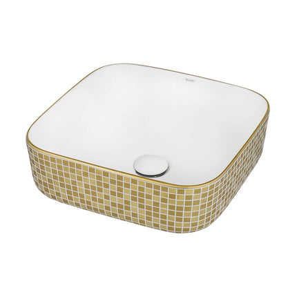 Ruvati 15 x 15 inch Bathroom Vessel Sink Gold Decorative Pattern Above Vanity Counter White Porcelain Ceramic - RVB1515WG4 Ruvati