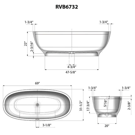 Ruvati 69-inch White epiStone Solid Surface Oval Freestanding Bath Tub Viola - RVB6732WH Ruvati