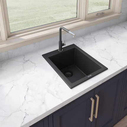 Ruvati 16 x 20 inch epiGranite Drop-in Topmount Granite Composite Single Bowl Kitchen Sink - Midnight Black - RVG1016BK Ruvati