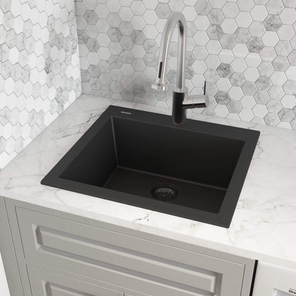 Ruvati 22 x 20 inch epiGranite Drop-in Topmount Granite Composite Single Bowl Kitchen Sink - Midnight Black - RVG1022BK Ruvati