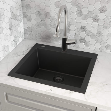 Ruvati 22 x 20 inch epiGranite Drop-in Topmount Granite Composite Single Bowl Kitchen Sink - Midnight Black - RVG1022BK Ruvati