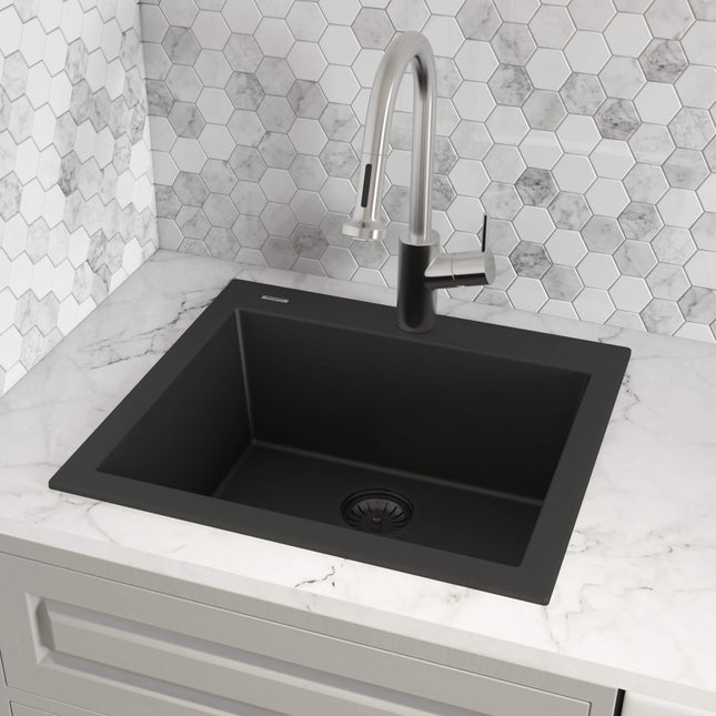 Ruvati 23 x 20 inch epiGranite Drop-in Topmount Granite Composite Single Bowl Kitchen Sink - Midnight Black - RVG1023BK Ruvati