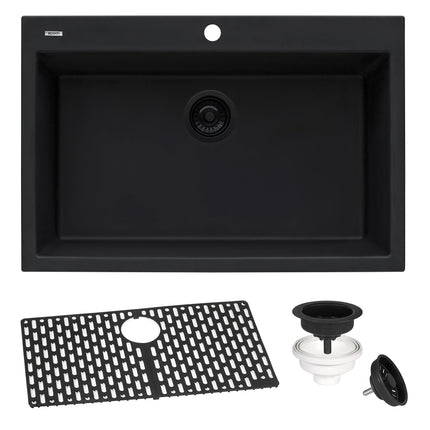 Ruvati 27 x 20 inch Drop-in Topmount Granite Composite Single Bowl Kitchen Sink - Midnight Black - RVG1027BK Ruvati