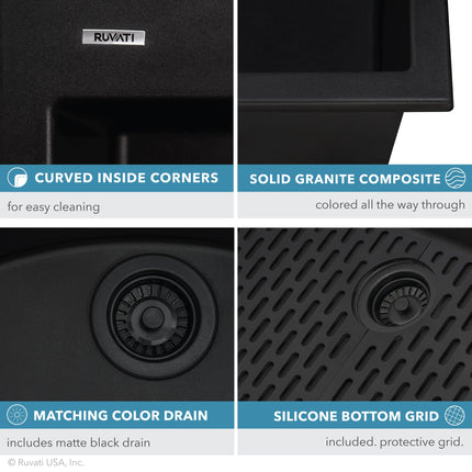 Ruvati 27 x 20 inch Drop-in Topmount Granite Composite Single Bowl Kitchen Sink - Midnight Black - RVG1027BK Ruvati