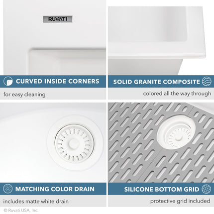 Ruvati 27 x 20 inch Drop-in Topmount Granite Composite Single Bowl Kitchen Sink - Arctic White - RVG1027WH Ruvati