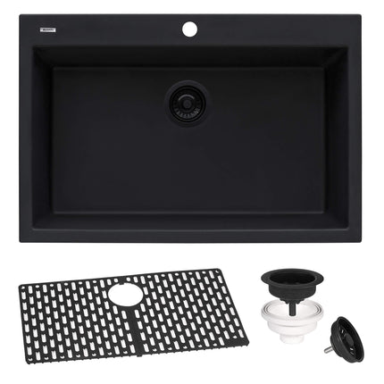 Ruvati 30 x 20 inch epiGranite Drop-in Topmount Granite Composite Single Bowl Kitchen Sink - Midnight Black - RVG1030BK Ruvati