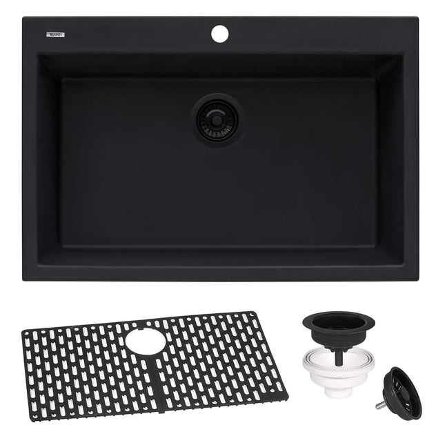 Ruvati 30 x 20 inch epiGranite Drop-in Topmount Granite Composite Single Bowl Kitchen Sink - Midnight Black - RVG1030BK Ruvati