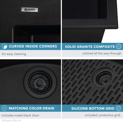 Ruvati 30 x 20 inch epiGranite Drop-in Topmount Granite Composite Single Bowl Kitchen Sink - Midnight Black - RVG1030BK Ruvati