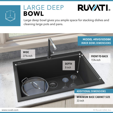 Ruvati 30 x 20 inch epiGranite Drop-in Topmount Granite Composite Single Bowl Kitchen Sink - Midnight Black - RVG1030BK Ruvati