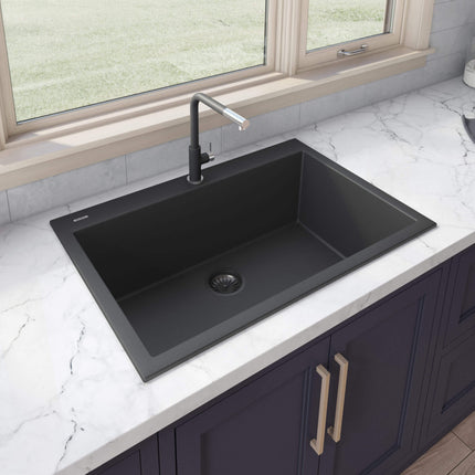 Ruvati 30 x 20 inch epiGranite Drop-in Topmount Granite Composite Single Bowl Kitchen Sink - Midnight Black - RVG1030BK Ruvati