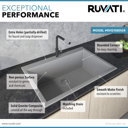Ruvati 30 x 20 inch epiGranite Drop-in Topmount Granite Composite Single Bowl Kitchen Sink - Silver Gray - RVG1030GR Ruvati