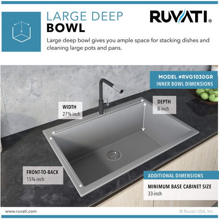 Ruvati 30 x 20 inch epiGranite Drop-in Topmount Granite Composite Single Bowl Kitchen Sink - Silver Gray - RVG1030GR Ruvati