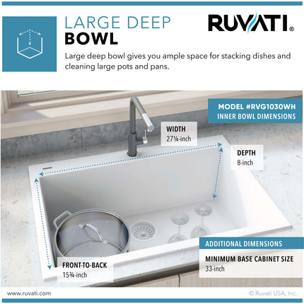 Ruvati 30 x 20 inch epiGranite Drop-in Topmount Granite Composite Single Bowl Kitchen Sink - Arctic White - RVG1030WH Ruvati