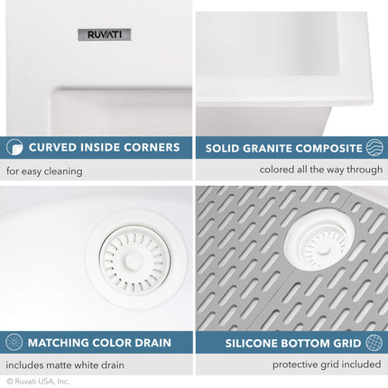 Ruvati 30 x 20 inch epiGranite Drop-in Topmount Granite Composite Single Bowl Kitchen Sink - Arctic White - RVG1030WH Ruvati