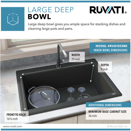 Ruvati 33 x 22 inch epiGranite Drop-in Topmount Granite Composite Single Bowl Kitchen Sink - Midnight Black - RVG1033BK Ruvati