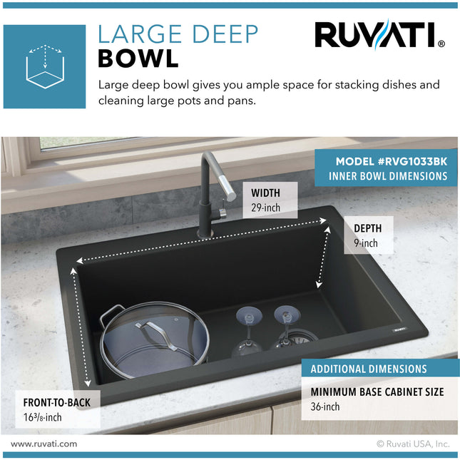 Ruvati 33 x 22 inch epiGranite Drop-in Topmount Granite Composite Single Bowl Kitchen Sink - Midnight Black - RVG1033BK Ruvati