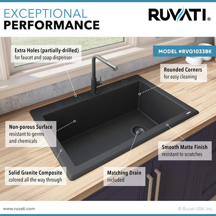 Ruvati 33 x 22 inch epiGranite Drop-in Topmount Granite Composite Single Bowl Kitchen Sink - Midnight Black - RVG1033BK Ruvati