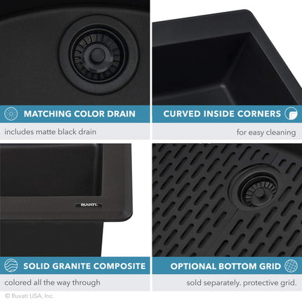 Ruvati 33 x 22 inch epiGranite Drop-in Topmount Granite Composite Single Bowl Kitchen Sink - Midnight Black - RVG1033BK Ruvati
