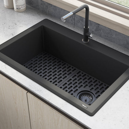 Ruvati 33 x 22 inch epiGranite Drop-in Topmount Granite Composite Single Bowl Kitchen Sink - Midnight Black - RVG1033BK Ruvati