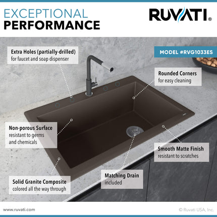 Ruvati 33 x 22 inch epiGranite Drop-in Topmount Granite Composite Single Bowl Kitchen Sink - Espresso Brown - RVG1033ES Ruvati