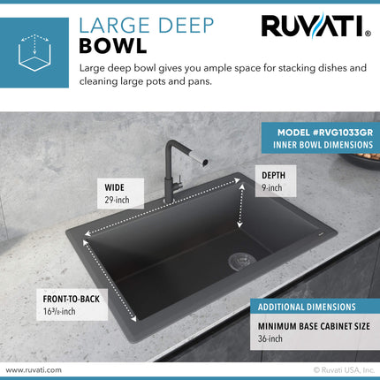 Ruvati 33 x 22 inch epiGranite Drop-in Topmount Granite Composite Single Bowl Kitchen Sink - Urban Gray - RVG1033GR Ruvati