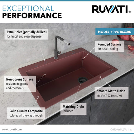 Ruvati 33 x 22 inch Granite Composite Drop-in Topmount Single Bowl Kitchen Sink - Carnelian Red - RVG1033RD Ruvati