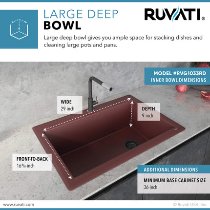 Ruvati 33 x 22 inch Granite Composite Drop-in Topmount Single Bowl Kitchen Sink - Carnelian Red - RVG1033RD Ruvati
