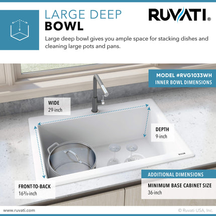 Ruvati 33 x 22 inch epiGranite Drop-in Topmount Granite Composite Single Bowl Kitchen Sink - Arctic White - RVG1033WH Ruvati