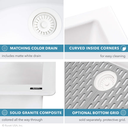 Ruvati 33 x 22 inch epiGranite Drop-in Topmount Granite Composite Single Bowl Kitchen Sink - Arctic White - RVG1033WH Ruvati