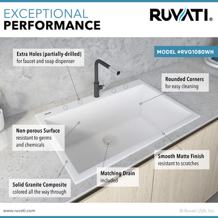 Ruvati 33 x 22 inch epiGranite Drop-in Topmount Granite Composite Single Bowl Kitchen Sink - Arctic White - RVG1080WH Ruvati