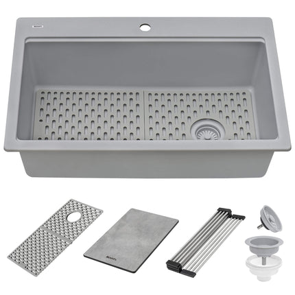 Ruvati 33-inch Granite Composite Workstation Drop-in Topmount Kitchen Sink Silver Gray - RVG1302GR Ruvati
