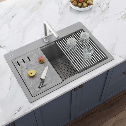 Ruvati 33-inch Granite Composite Workstation Drop-in Topmount Kitchen Sink Silver Gray - RVG1302GR Ruvati