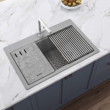 Ruvati 33-inch Granite Composite Workstation Drop-in Topmount Kitchen Sink Silver Gray - RVG1302GR Ruvati