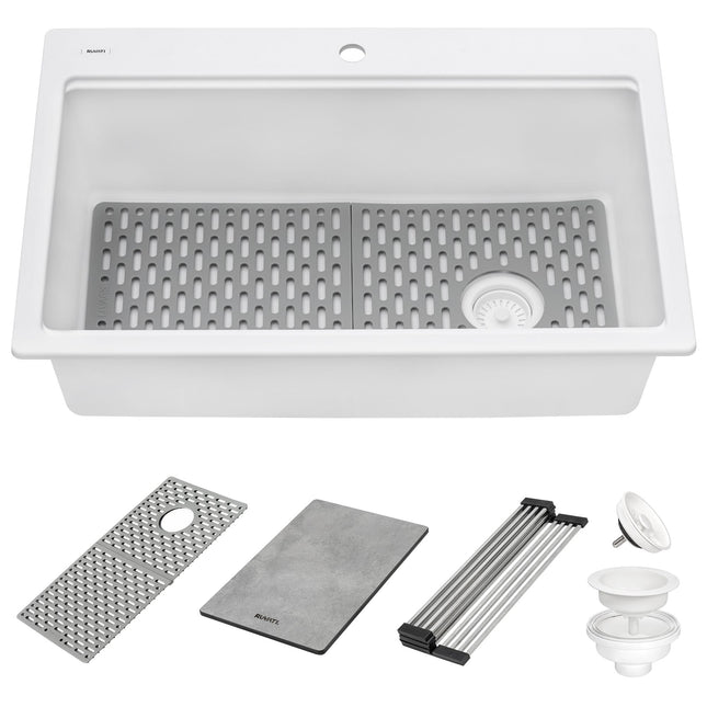 Ruvati 33-inch Granite Composite Workstation Drop-in Topmount Kitchen Sink Matte White - RVG1302WH Ruvati