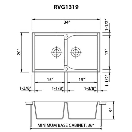 Ruvati 34 x 20 inch epiGranite Dual-Mount Granite Composite Double Bowl Kitchen Sink - Midnight Black - RVG1319BK Ruvati