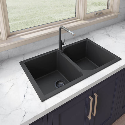 Ruvati 34 x 20 inch epiGranite Dual-Mount Granite Composite Double Bowl Kitchen Sink - Midnight Black - RVG1319BK Ruvati
