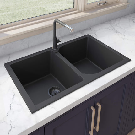 Ruvati 34 x 20 inch epiGranite Dual-Mount Granite Composite Double Bowl Kitchen Sink - Midnight Black - RVG1319BK Ruvati