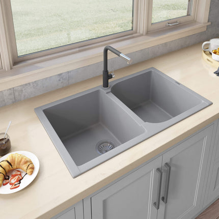 Ruvati 34 x 20 inch epiGranite Dual-Mount Granite Composite Double Bowl Kitchen Sink - Silver Gray - RVG1319GR Ruvati