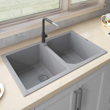 Ruvati 34 x 20 inch epiGranite Dual-Mount Granite Composite Double Bowl Kitchen Sink - Silver Gray - RVG1319GR Ruvati