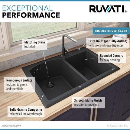 Ruvati 33 x 22 inch epiGranite Dual-Mount Granite Composite Double Bowl Kitchen Sink - Midnight Black - RVG1344BK Ruvati