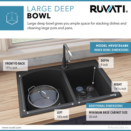 Ruvati 33 x 22 inch epiGranite Dual-Mount Granite Composite Double Bowl Kitchen Sink - Midnight Black - RVG1344BK Ruvati