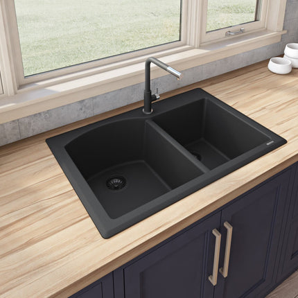 Ruvati 33 x 22 inch epiGranite Dual-Mount Granite Composite Double Bowl Kitchen Sink - Midnight Black - RVG1344BK Ruvati