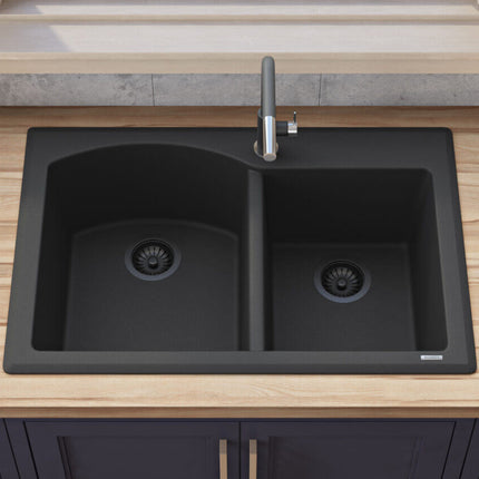Ruvati 33 x 22 inch epiGranite Dual-Mount Granite Composite Double Bowl Kitchen Sink - Midnight Black - RVG1344BK Ruvati